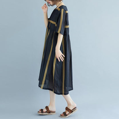 New Midi-length Linen Dress Oversized Round Neck Short Sleeve Pockets Stripe Pleated Slit Dress