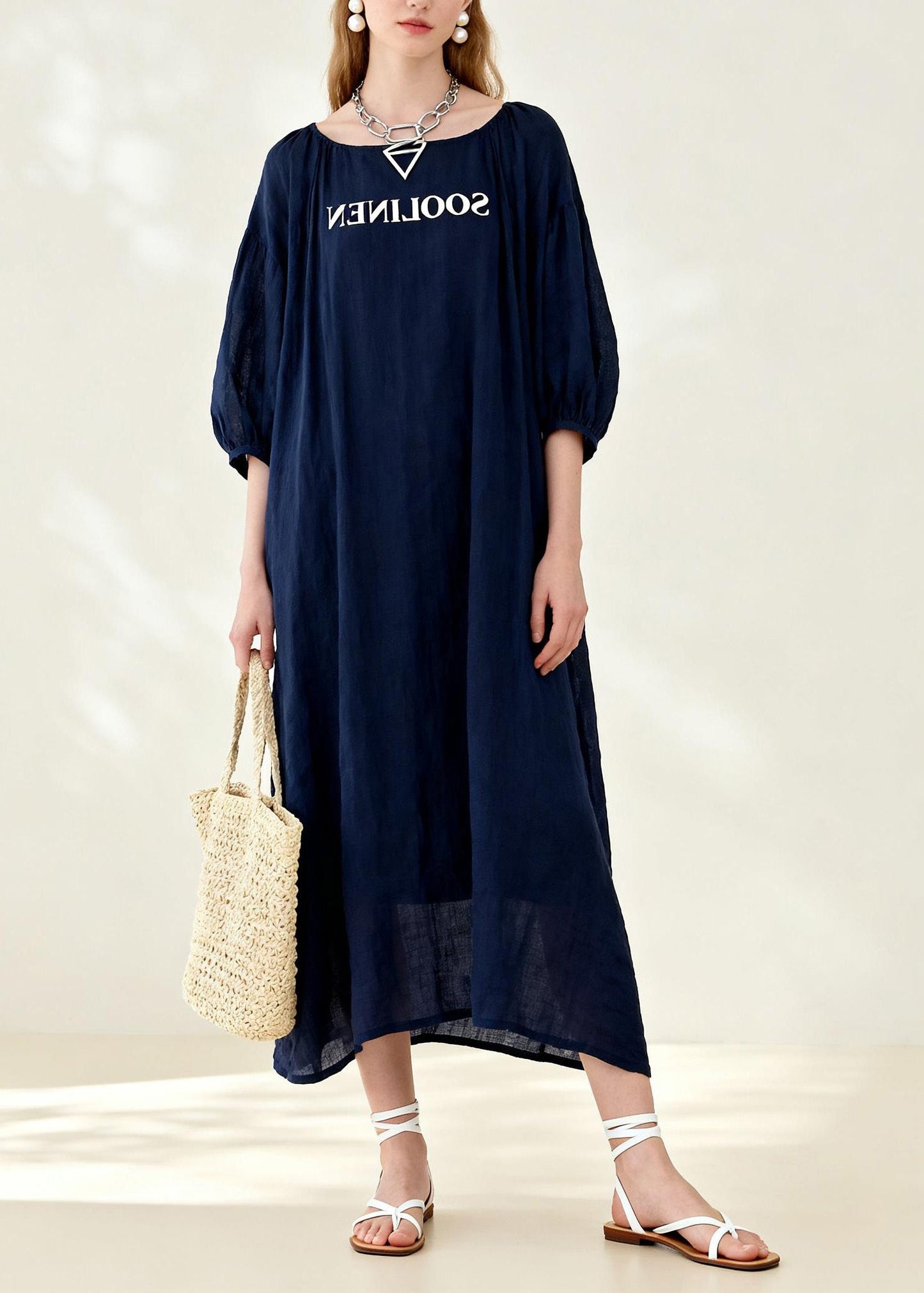 New Navy O Neck Print Linen Long Dress Summer