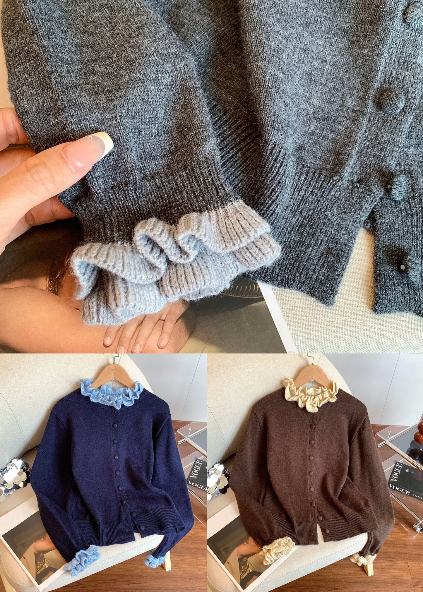 New Navy Original Design Patchwork Knit Coats Petal Sleeve