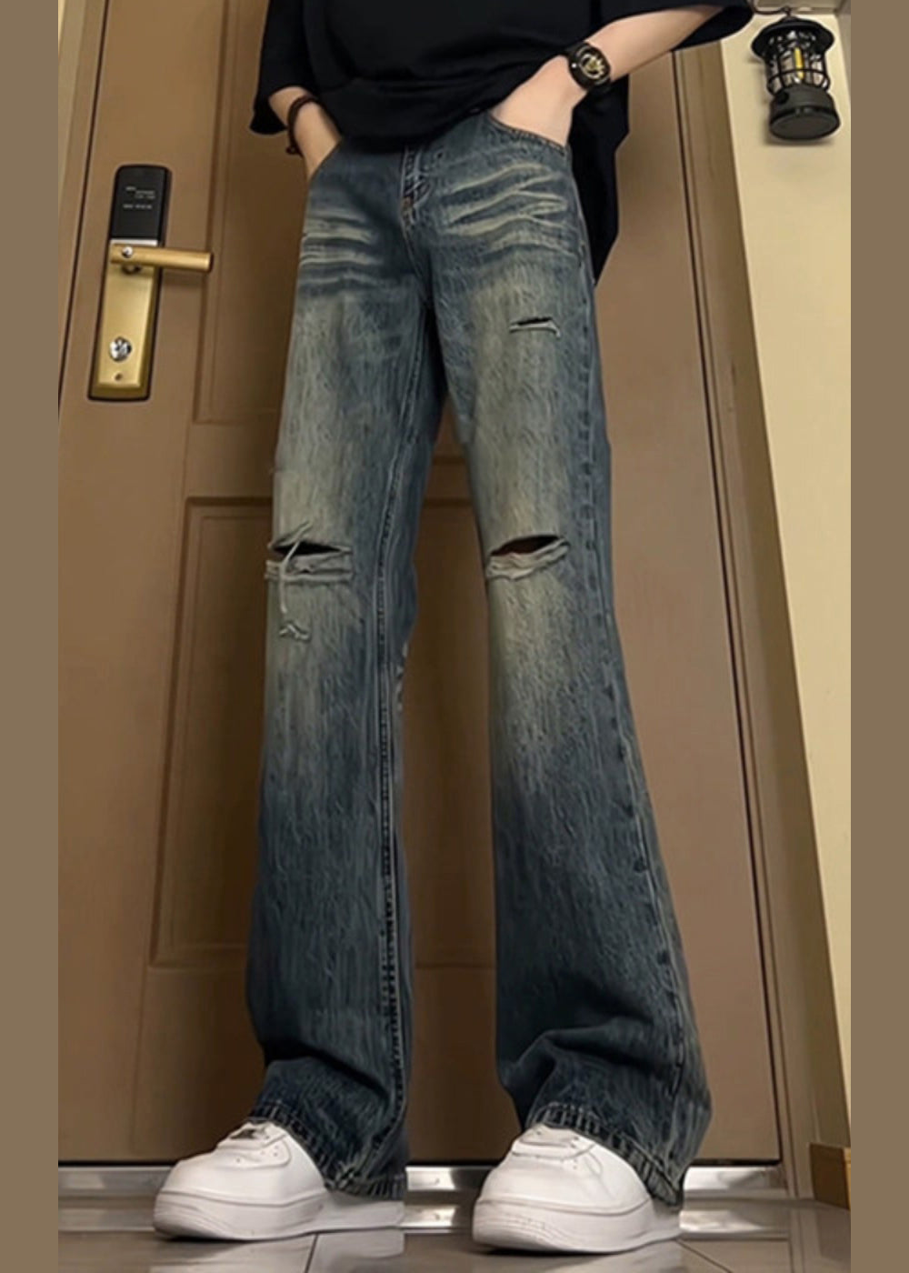 New Navy Pockets Ripped Denim Pants Fall