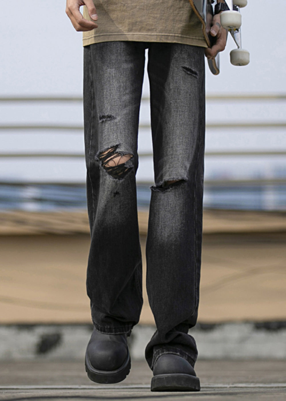 New Navy Pockets Ripped Denim Pants Fall