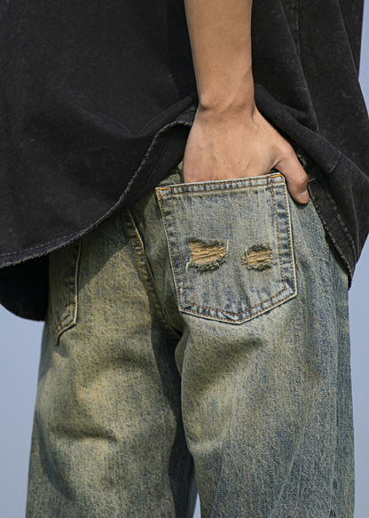 New Navy Pockets Ripped Denim Pants Fall