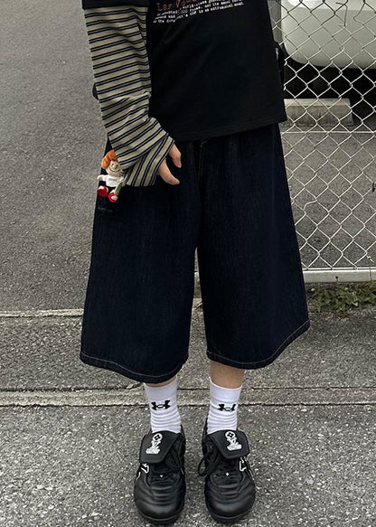 New Navy Print Pockets Denim Crop Pants Summer