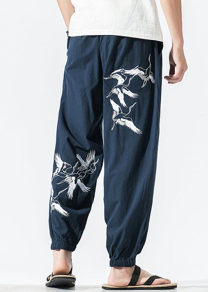 New Navy Print Pockets Elastic Waist Cotton Crop Pants Summer