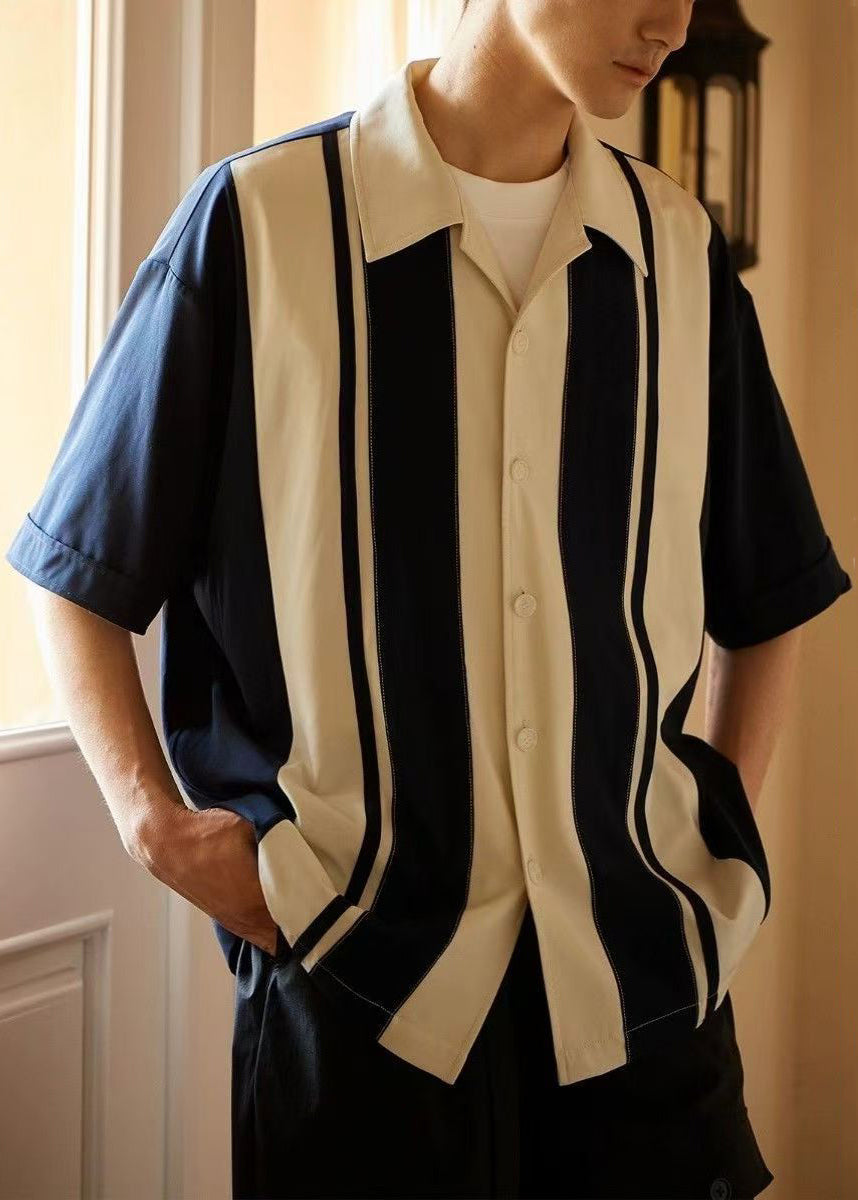 New Navy Striped Button Cotton Shirts Summer