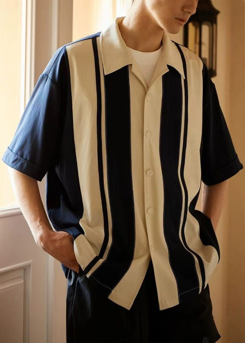 New Navy Striped Button Cotton Shirts Summer