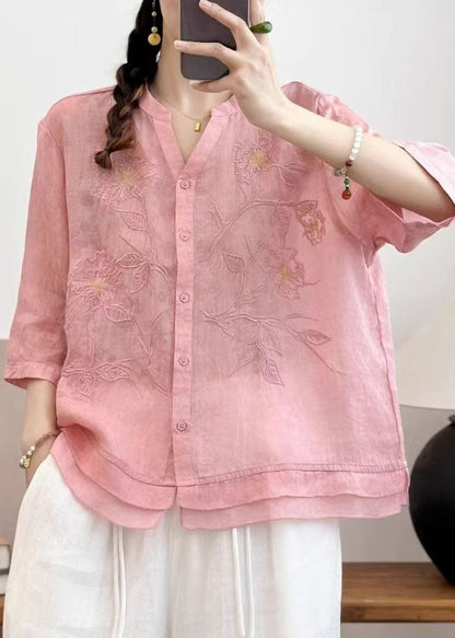 New Navy V Neck Embroidered Patchwork Linen Top Summer