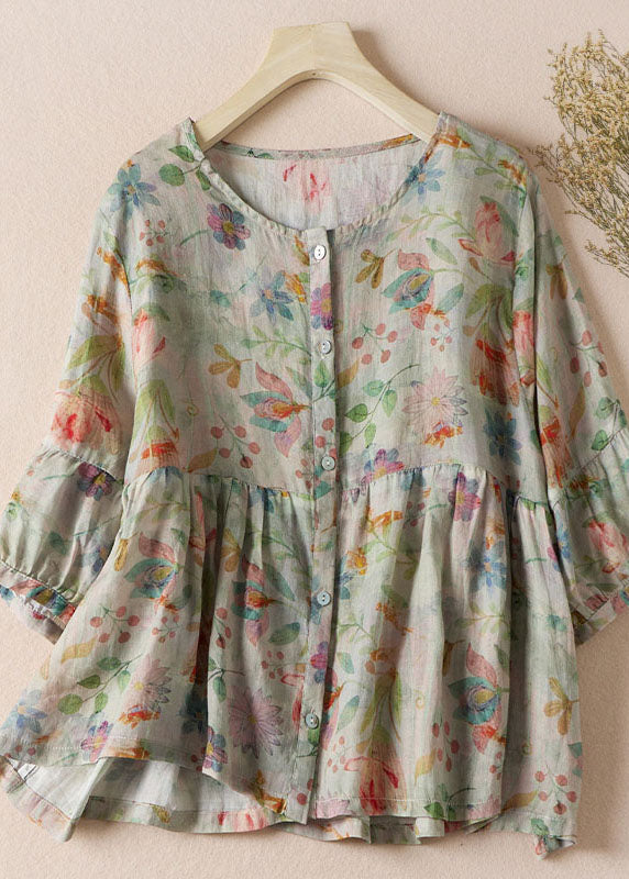 New O-neck Print Wrinkled Patchwork Cotton Shirt Top Half Sleeve