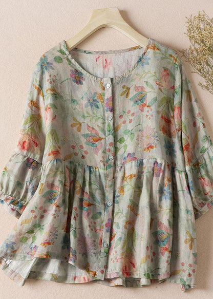 New O-neck Print Wrinkled Patchwork Cotton Shirt Top Half Sleeve