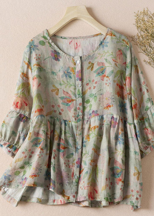 New O-neck Print Wrinkled Patchwork Cotton Shirt Top Half Sleeve