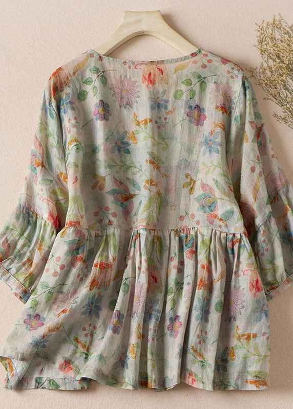 New O-neck Print Wrinkled Patchwork Cotton Shirt Top Half Sleeve