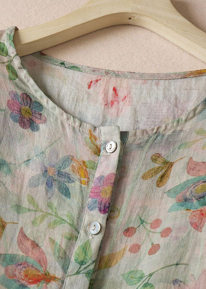 New O-neck Print Wrinkled Patchwork Cotton Shirt Top Half Sleeve