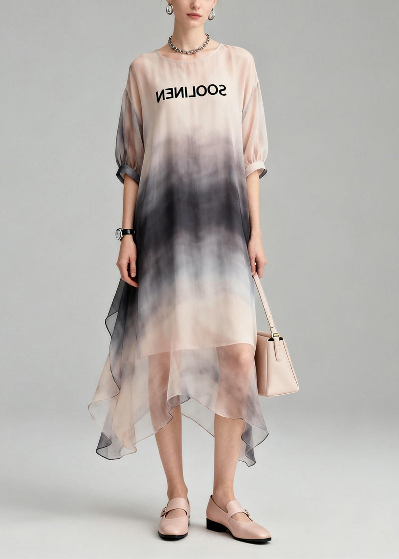 New O Neck Tie Dye Asymmetrical Design Chiffon Dress Summer