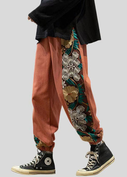 New Orange Embroideried Elastic Waist Cotton Beam Pants Fall