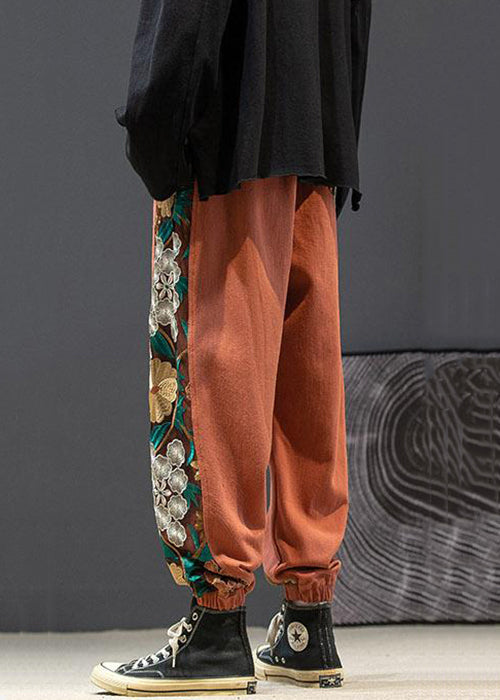 New Orange Embroideried Elastic Waist Cotton Beam Pants Fall