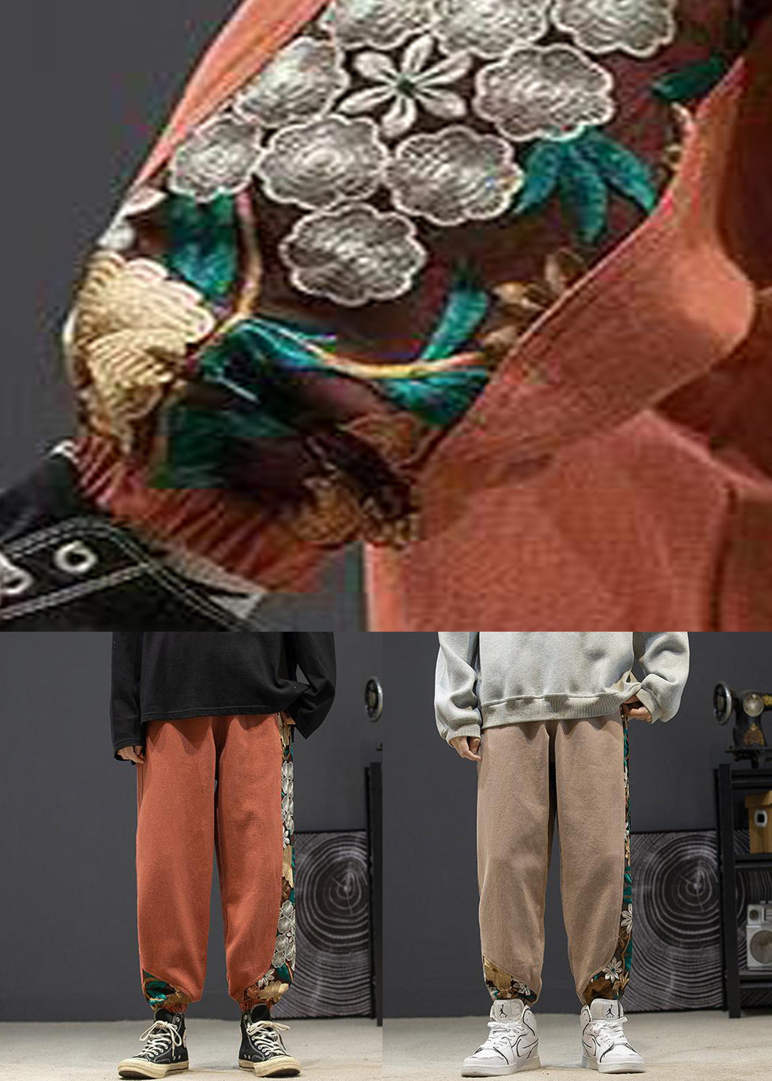 New Orange Embroideried Elastic Waist Cotton Beam Pants Fall