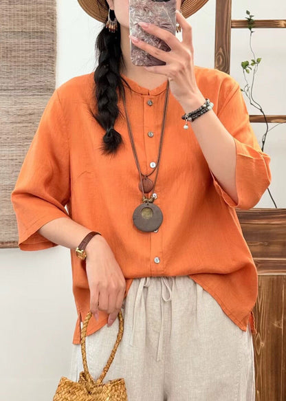 New Orange O Neck Button Linen Blouse Half Sleeve