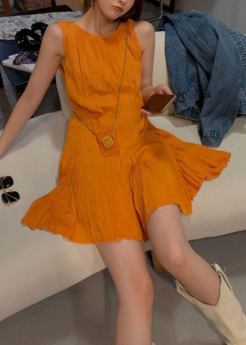 New Orange O Neck Cotton Mid Dress Sleeveless