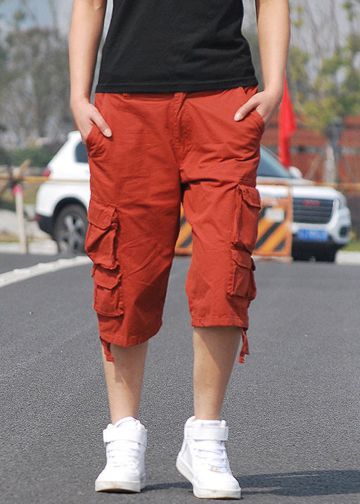 New Orange Pockets High Waist Cotton Crop Pants Summer