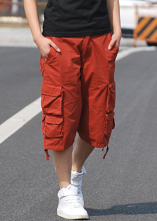 New Orange Pockets High Waist Cotton Crop Pants Summer