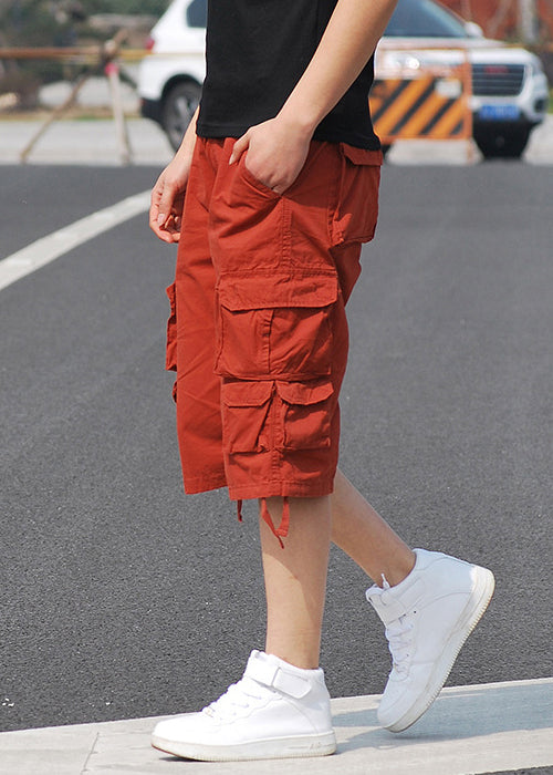 New Orange Pockets High Waist Cotton Crop Pants Summer