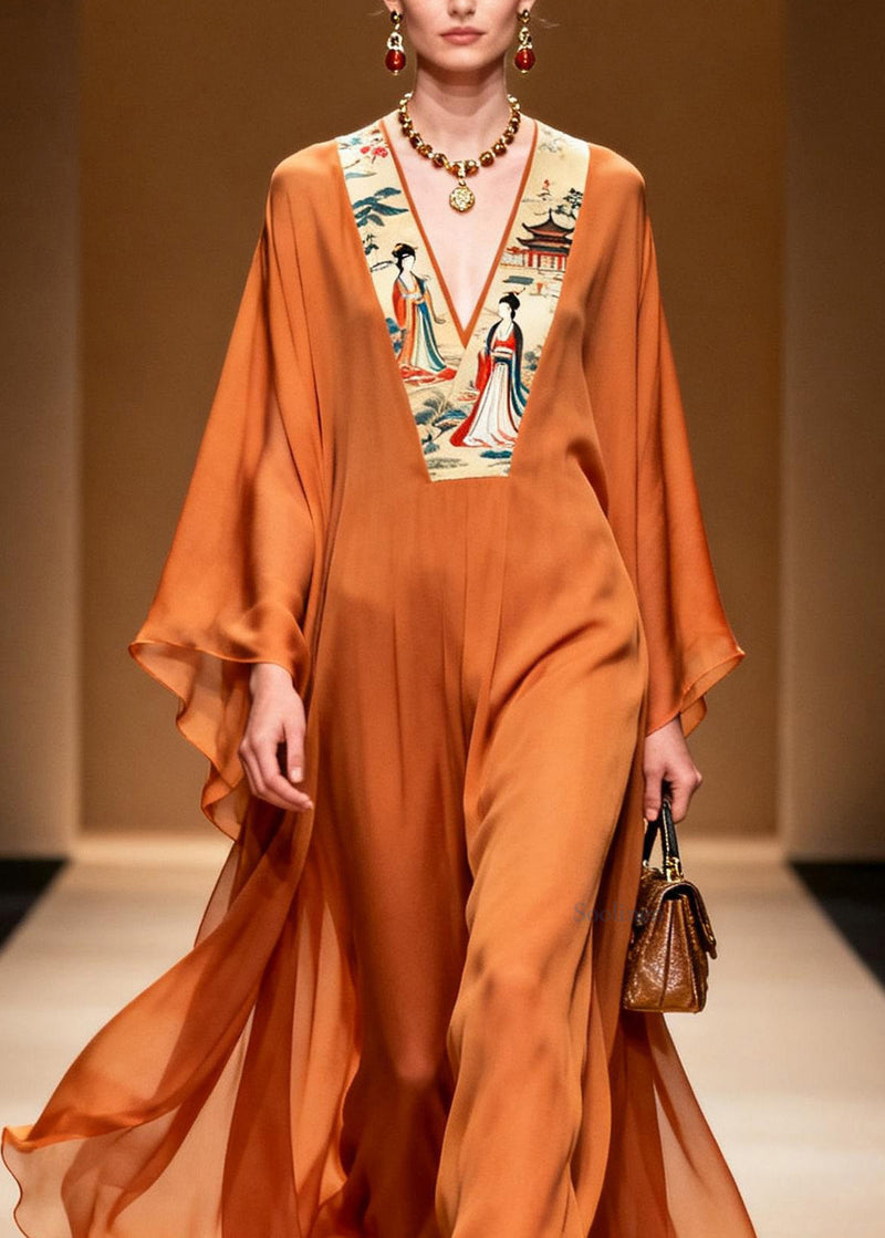 New Orange V Neck Print Patchwork Chiffon Long Dress Spring