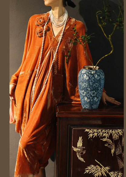 New Orange V Neck Silk Velvet Dress Spring