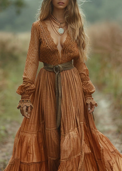 New Orange V Neck Wrinkled Patchwork Cotton Dress Long Sleeve