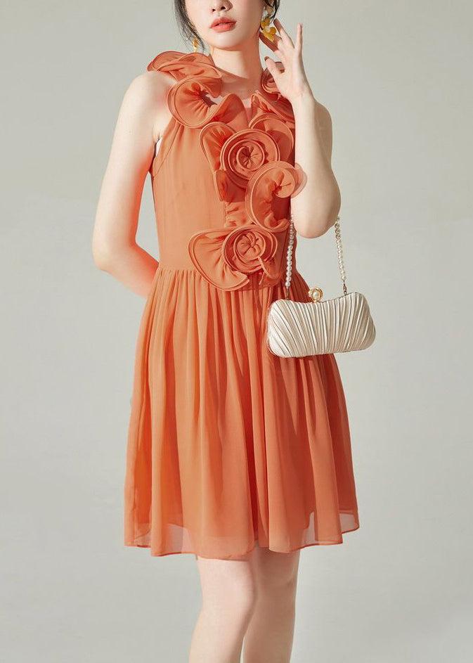 New Orange Wrinkled Chiffon Mid Dress Sleeveless