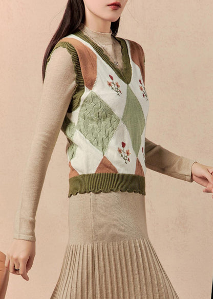 New Photo Color V Neck Patchwork Knit Vest Sleeveless