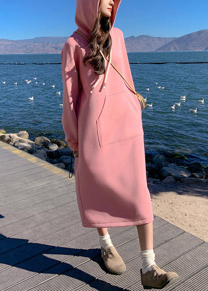 New Pink Hooded Pockets Cotton Dresses Spring