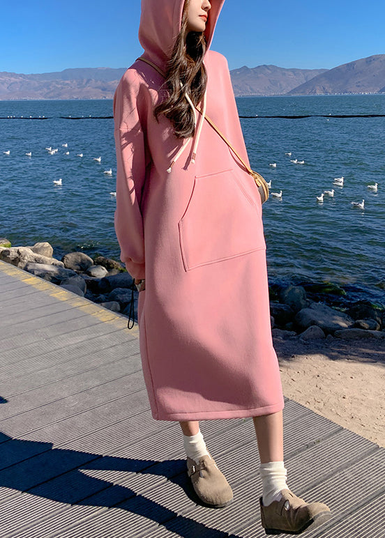 New Pink Hooded Pockets Cotton Dresses Spring