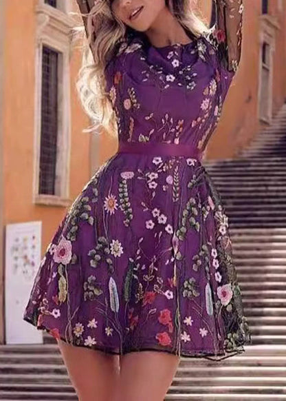 New Pink O-neck Embroidered Tulle Mid Dress Long Sleeve