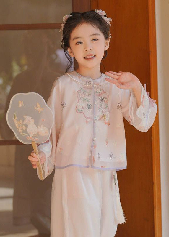 New Pink O-neck Embroideried Silk Top and Crop Pants Two Pieces Set Flare Sleeve