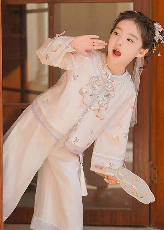 New Pink O-neck Embroideried Silk Top and Crop Pants Two Pieces Set Flare Sleeve