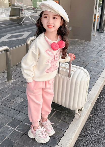 New Pink O-neck Kids Sweatshirt and Beam Pants Two Pieces Set Spring