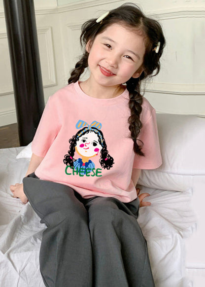 New Pink O Neck Print Cotton Kids T Shirt Summer