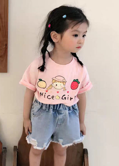 New Pink O Neck Print Cozy Cotton T Shirts Summer