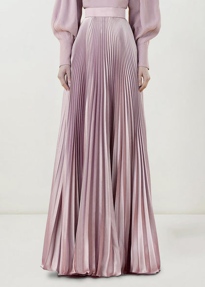 New Pink O Neck Wrinkled Patchwork Silk Maxi Two Piece Set Spring