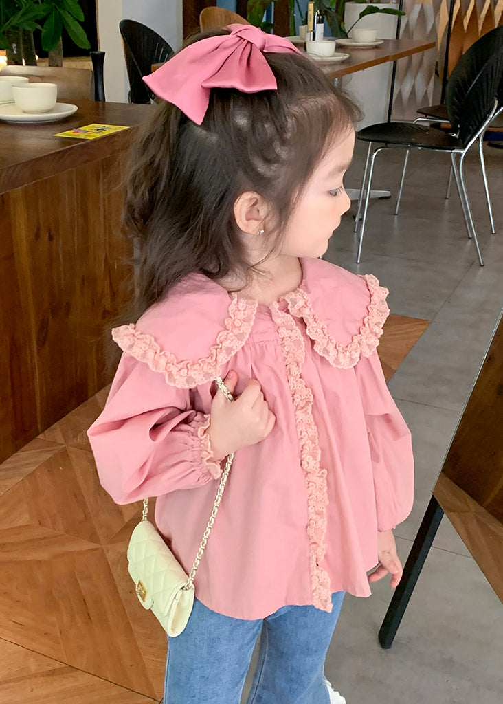 New Pink Peter Pan Collar Lace Patchwork Cotton Blouses Spring