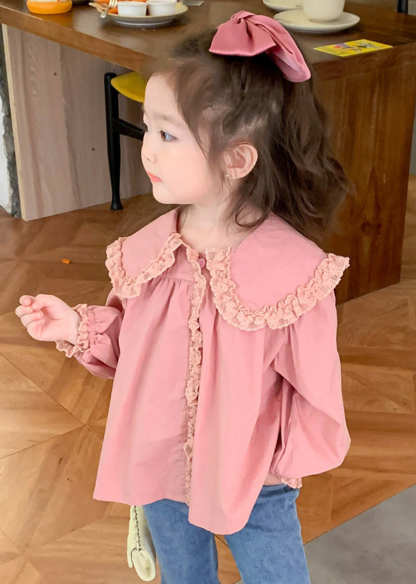 New Pink Peter Pan Collar Lace Patchwork Cotton Blouses Spring