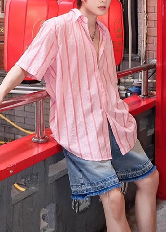 New Pink Peter Pan Collar Striped Ice Silk Shirts Summer