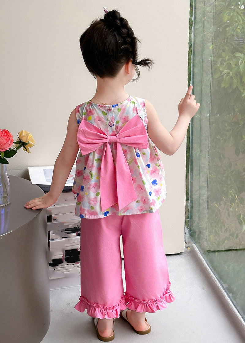 New Pink Print Bow Vest and Crop Pants Two Pieces Set Summer