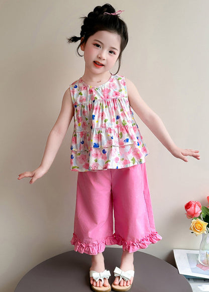 New Pink Print Bow Vest and Crop Pants Two Pieces Set Summer