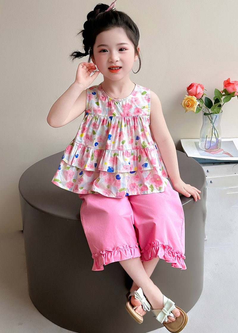 New Pink Print Bow Vest and Crop Pants Two Pieces Set Summer