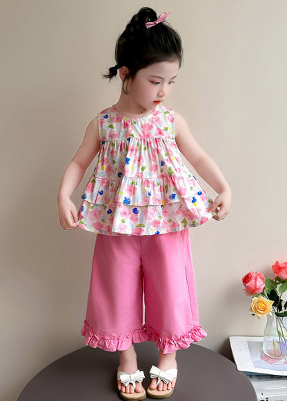 New Pink Print Bow Vest and Crop Pants Two Pieces Set Summer