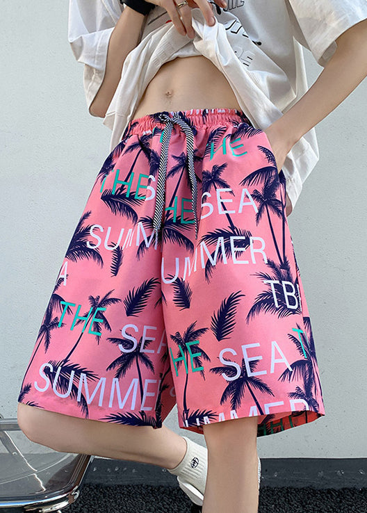 New Pink Print Pockets Elastic Waist Cotton Beach Shorts Summer