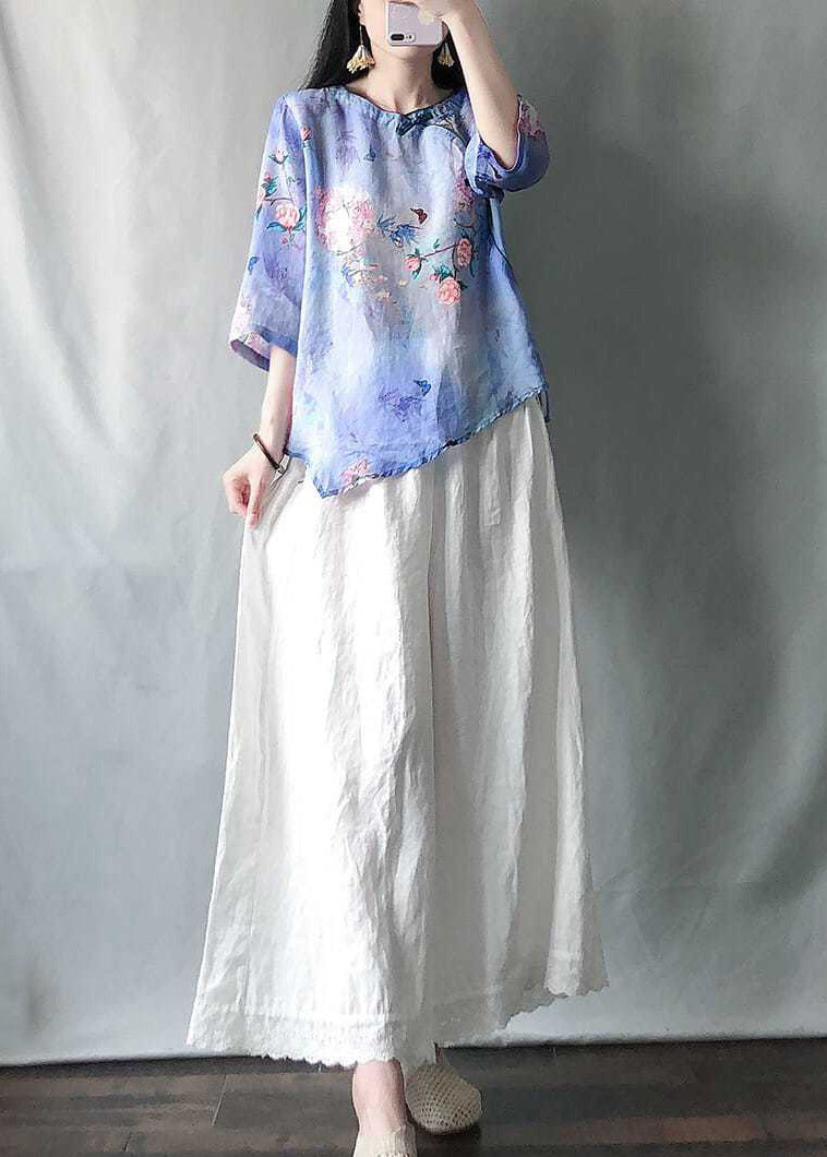 New Pink Print Tops and Yellow Wide Leg Pants Cotton Two-piece Set Half Sleeve