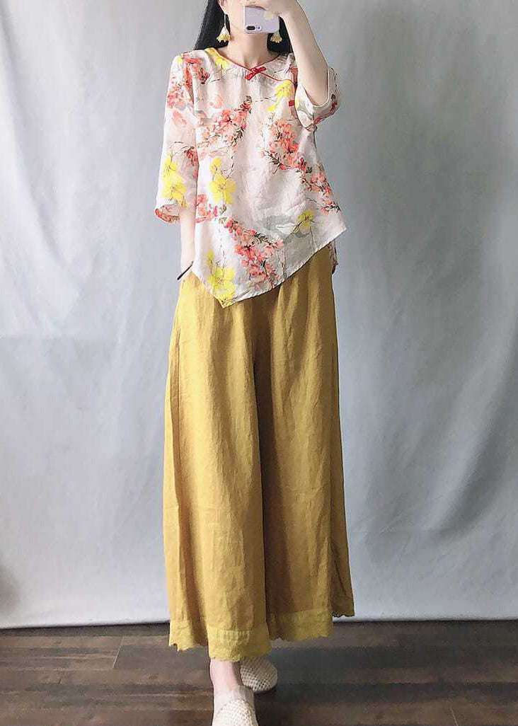 New Pink Print Tops and Yellow Wide Leg Pants Cotton Two-piece Set Half Sleeve