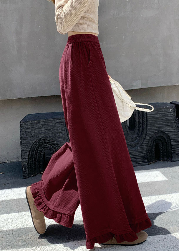 New Pink Ruffled Patchwork Corduroy Wide Leg Pants Spring